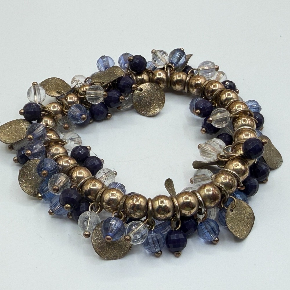 Blue Faceted Bead Charm Bracelet Gold Tone Chunky Disc Dangle Boho Statement